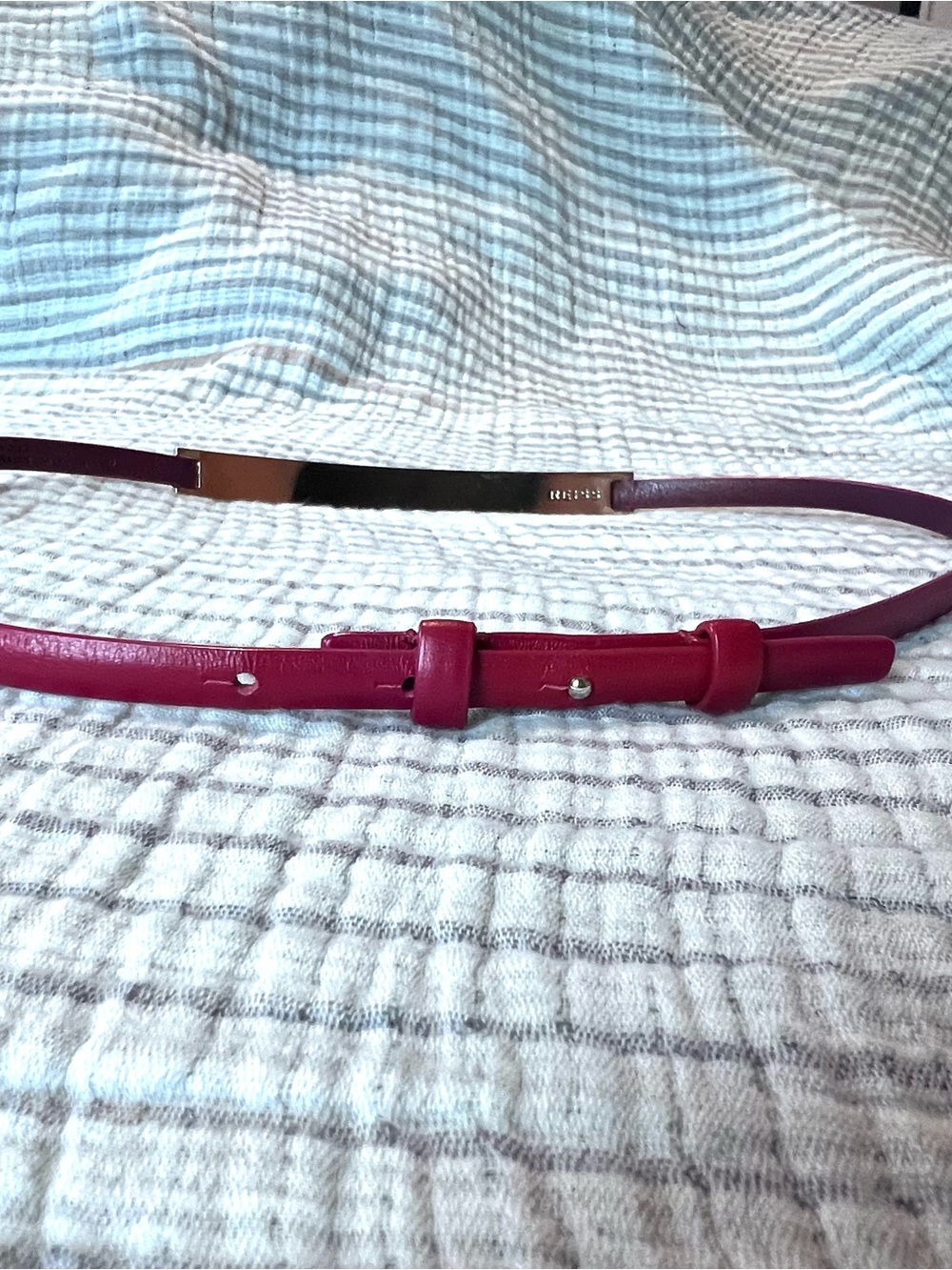 REISS Berry Pink Red Skinny Leather Belt Gold Hardware Plate Bar S